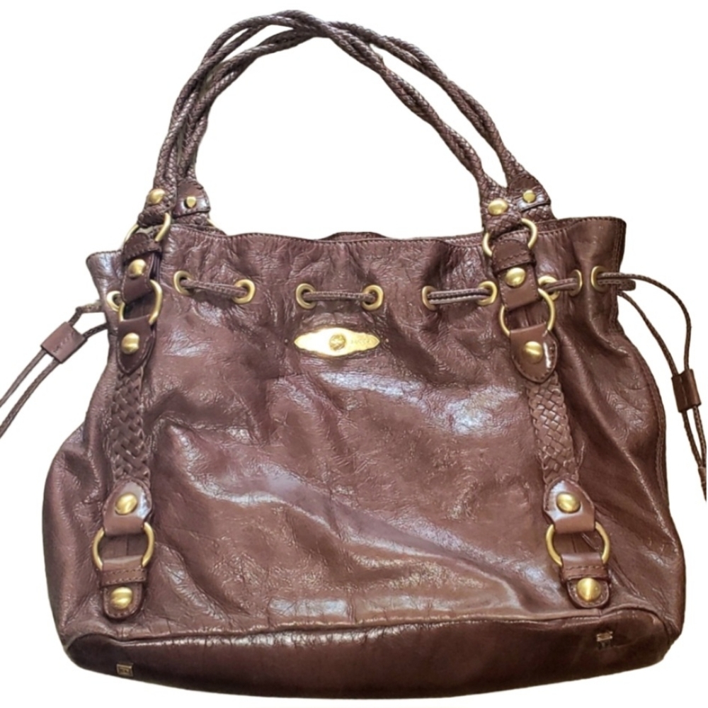 ELLIOT LUCCA 100% Genuine Leather Large Handbag Satchel Purse Braided Brown Gold
